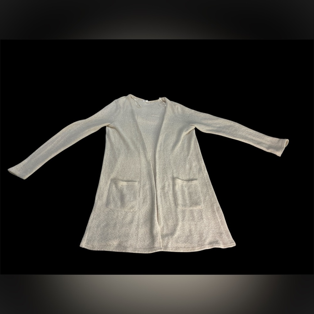 By the River Cardigan Womens M Cream Ivory Open Front Long Duster Sweater Pocket